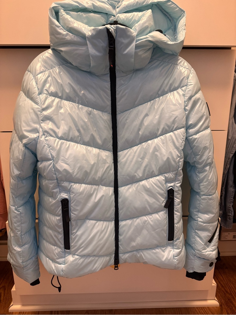 Light Blue Puffer Jacket with Hood - Women